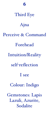 6
Third Eye
Ajna
Perceive & Command
Forehead
Intuition/Reality
self-reflection
I see
Colour: Indigo
Gemstones: Lapis Lazuli, Azurite, Sodalite