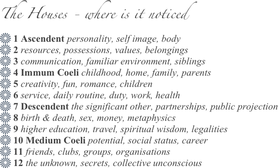 The Houses - where is it noticed
 1 Ascendent personality, self image, body 2 resources, possessions, values, belongings 3 communication, familiar environment, siblings 4 Immum Coeli childhood, home, family, parents 5 creativity, fun, romance, children 6 service, daily routine, duty, work, health 7 Descendent the significant other, partnerships, public projection 8 birth & death, sex, money, metaphysics 9 higher education, travel, spiritual wisdom, legalities 10 Medium Coeli potential, social status, career 11 friends, clubs, groups, organisations 12 the unknown, secrets, collective unconscious